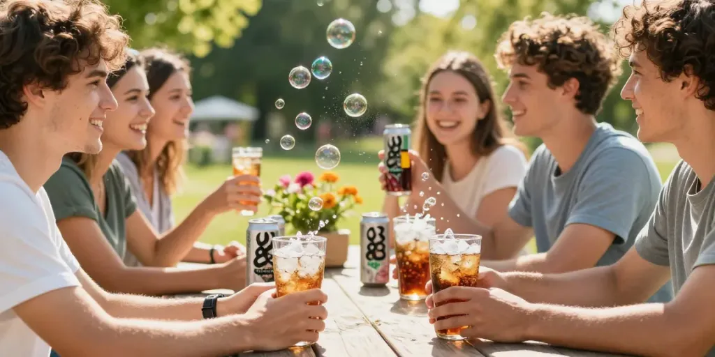 Friends enjoying ROKOK88 soda outdoors on a sunny day.