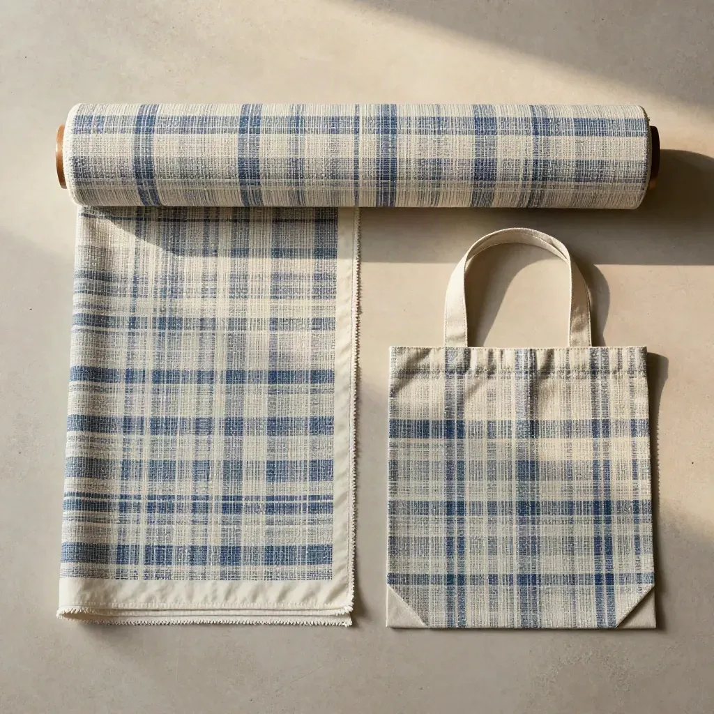 Overhead flatlay of a rolled cotton print bolt, swatch, and folded tote-panel sample on pale concrete.