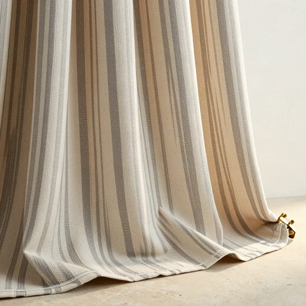 Heath stripe curtain cloth bolt draped over pale stone with brass clip in close macro.