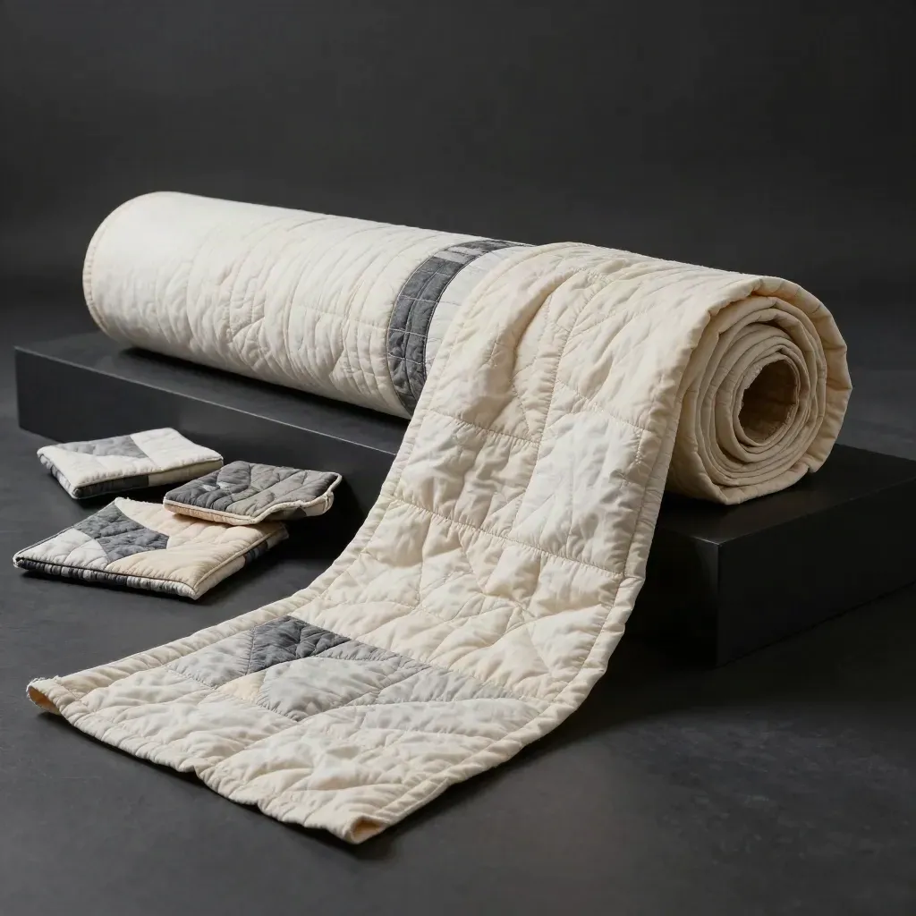 Quilt cotton bolt with patchwork squares and folded quilt sandwich on a dark studio plinth.