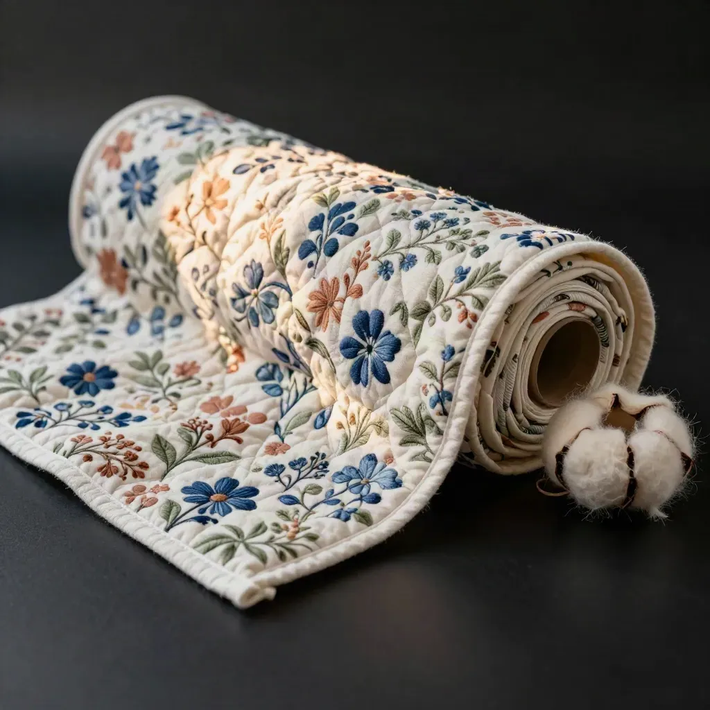 Mini floral quilting cotton bolt with patchwork square and thread spool on a dark studio surface.