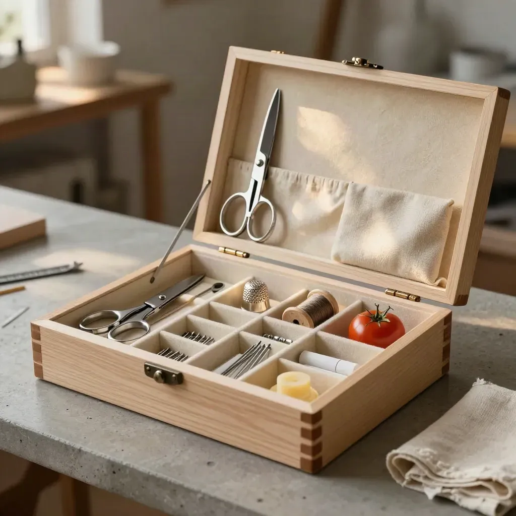 Open wooden sewing box with twelve tools in cream felt, on concrete