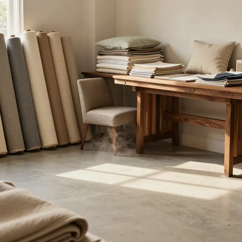 Upholstery bolts, linen chair and walnut worktable in a sunlit atelier corner.