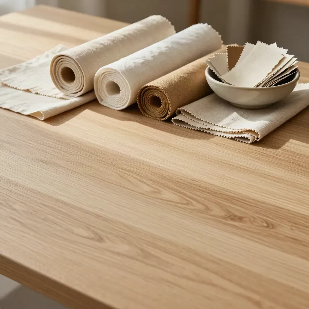 Pale oak surface with cotton rolls, linen swatches and a ceramic bowl in soft daylight.